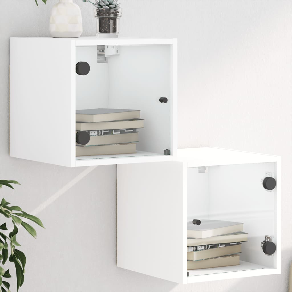 Comodini con Ante in Vetro 2pz-Set di 2 Tavolino da notte Bianco 35x37x35 cm