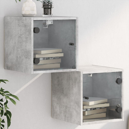 Comodini con Ante in Vetro 2pz-Set di 2 Tavolino da notte Grigio Cemento 35x37x35 cm