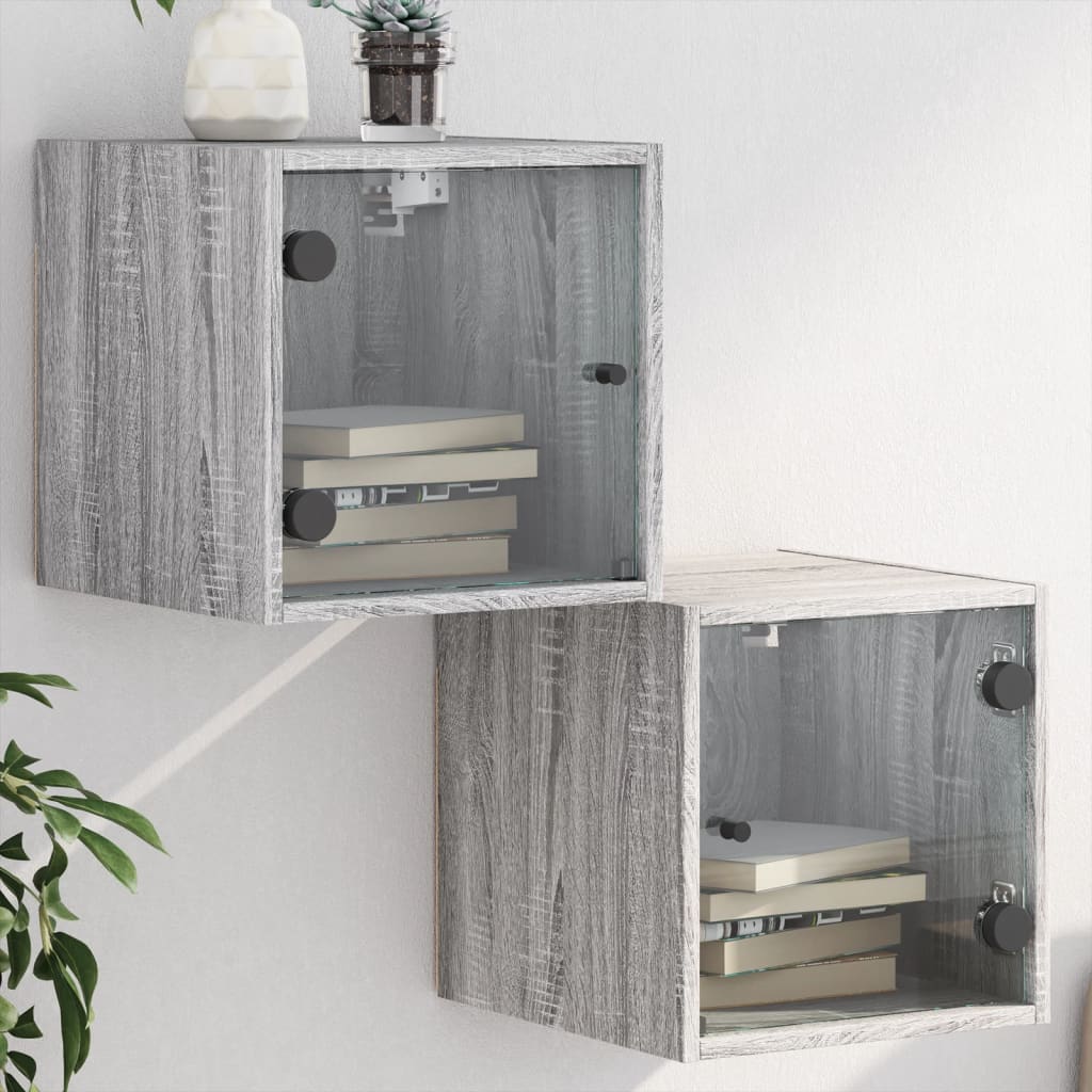 Comodini con Ante in Vetro 2pz-Set di 2 Tavolino da notte Grigio Sonoma 35x37x35 cm