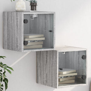 Comodini con Ante in Vetro 2pz-Set di 2 Tavolino da notte Grigio Sonoma 35x37x35 cm