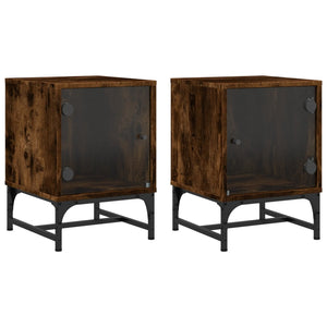 Comodini con Ante in Vetro 2pz-Set di 2 Tavolino da notte Rovere Fumo 35x37x50 cm