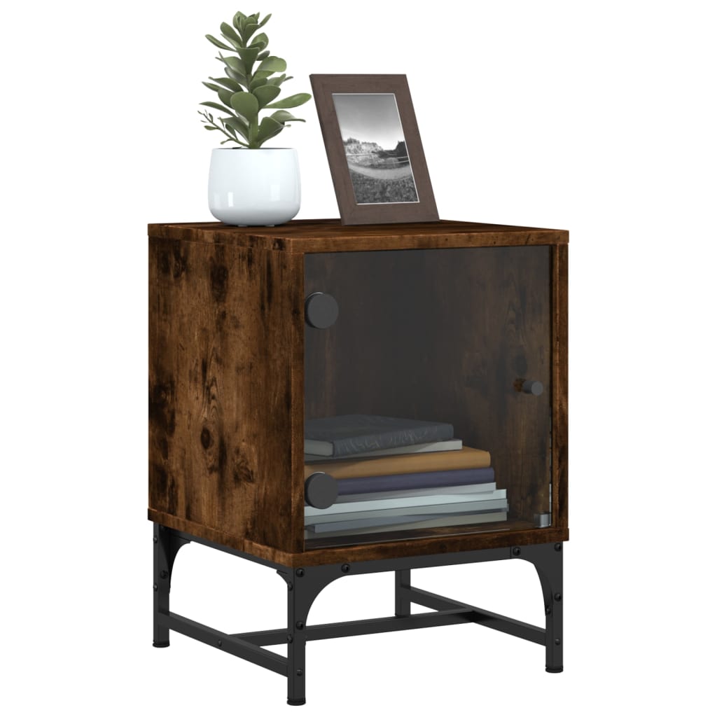 Comodini con Ante in Vetro 2pz-Set di 2 Tavolino da notte Rovere Fumo 35x37x50 cm