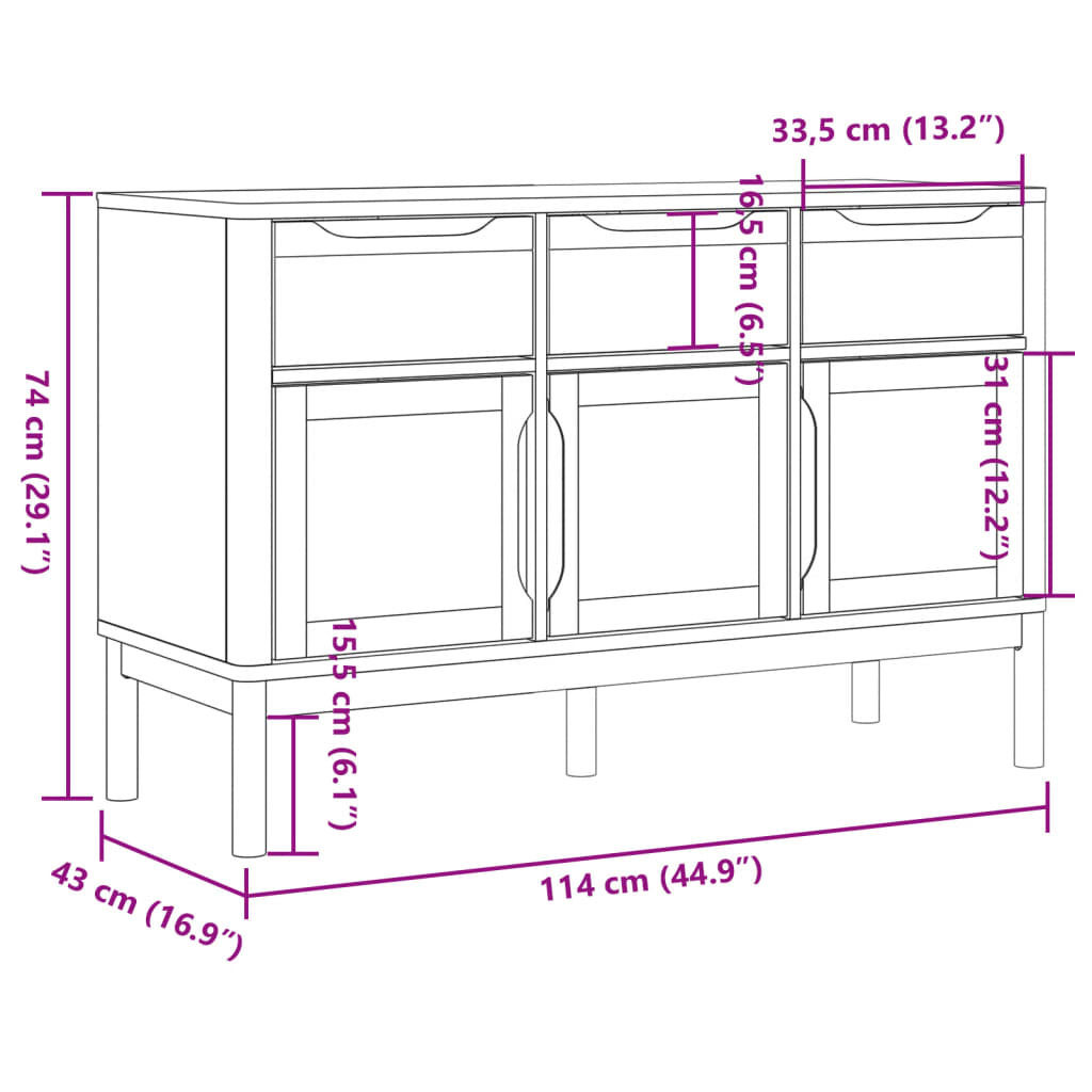 Credenza FLORO Grigia 114x43x74 cm in Legno Massello di Pino 374025