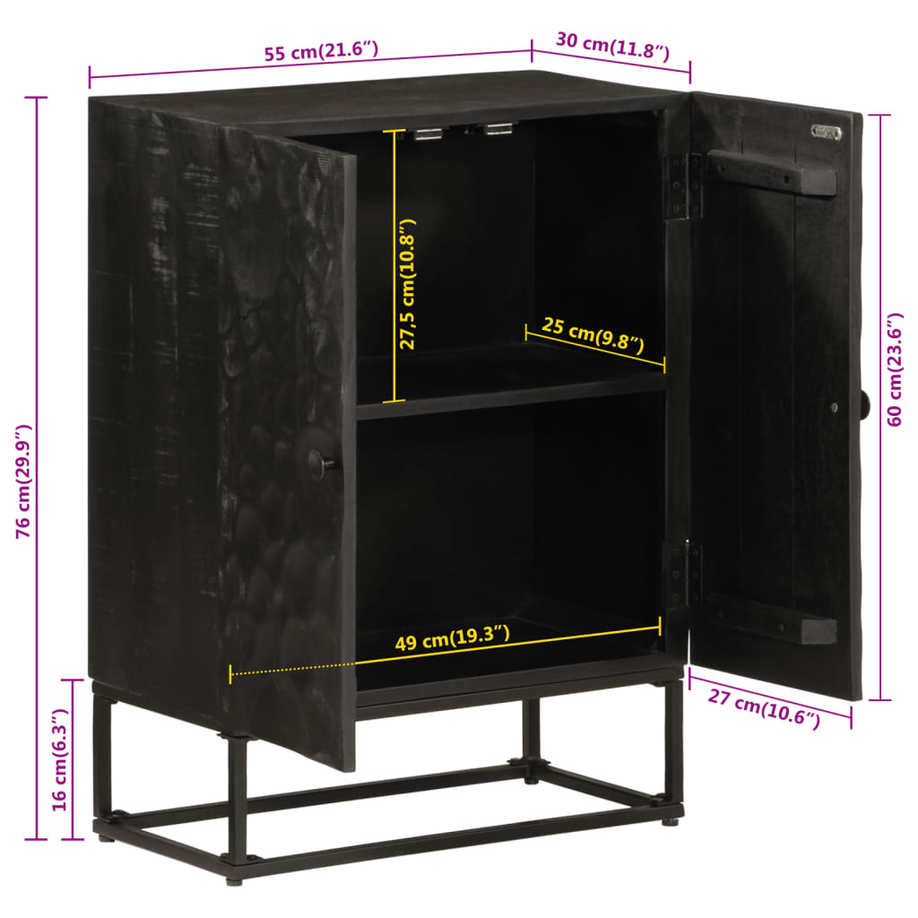 Credenza Nera 55x30x76 cm in Legno Massello di Mango e Ferro 372005