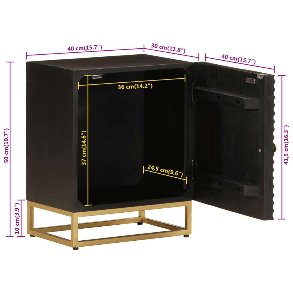 Comodino Nero 40x30x50 cm in Legno Massello di Mango e Ferro 372024