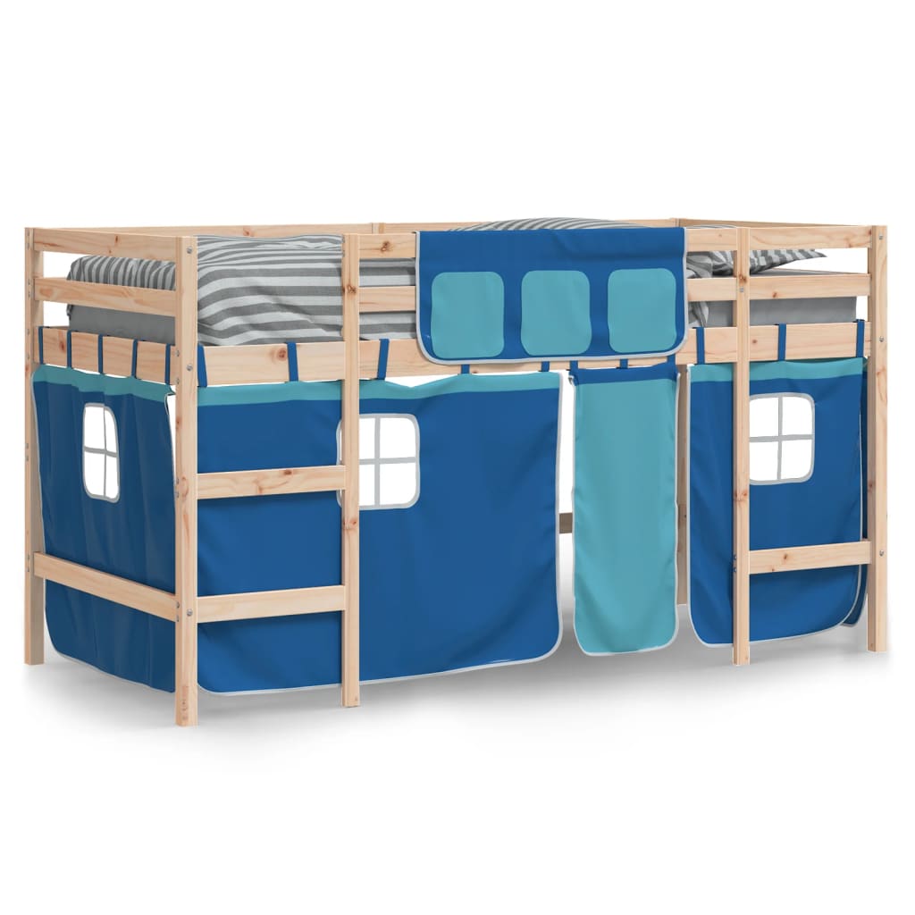 Letto a Soppalco con Tende Bambini Blu 90x200 cm Massello Pino