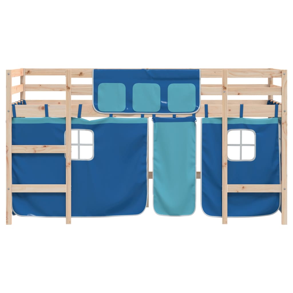 Letto a Soppalco con Tende Bambini Blu 90x200 cm Massello Pino