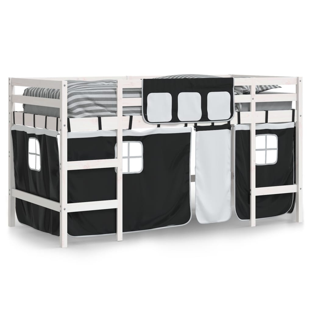 Letto a Soppalco con Tende Bambini Bianco e Nero 90x200 cm Pino 3206967