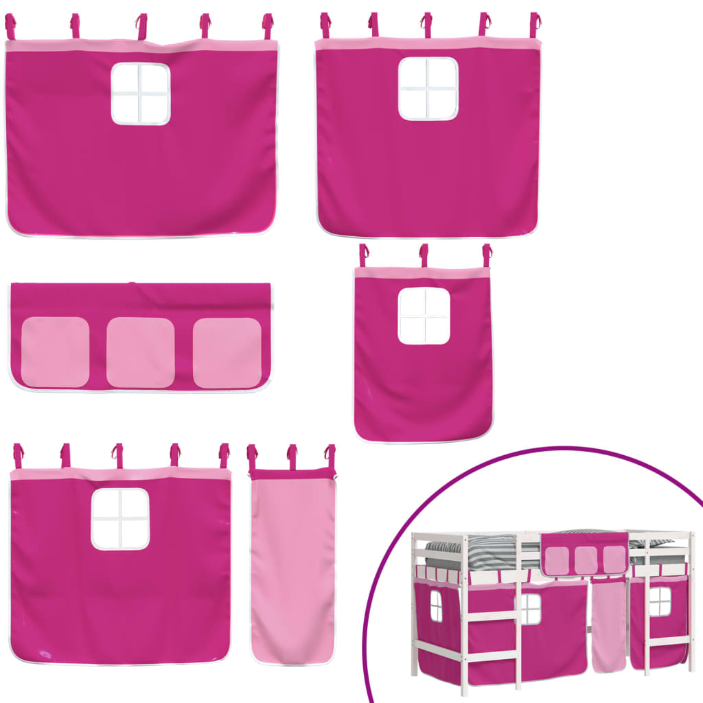 Letto a Soppalco con Tende Bambini Rosa 90x200 cm Massello Pino 3206969