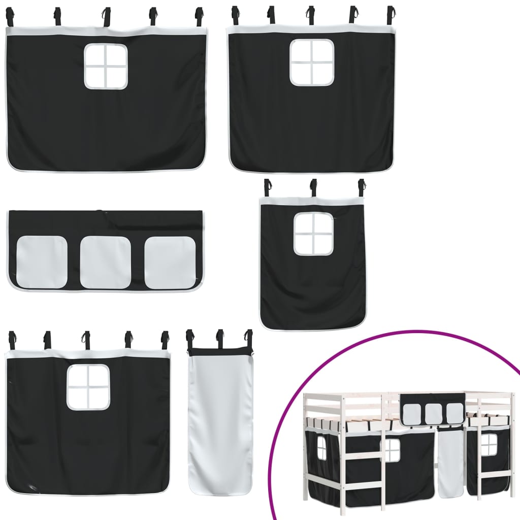 Letto a Soppalco Bambini con Tende Bianco e Nero 90x190 cm Pino 3206976