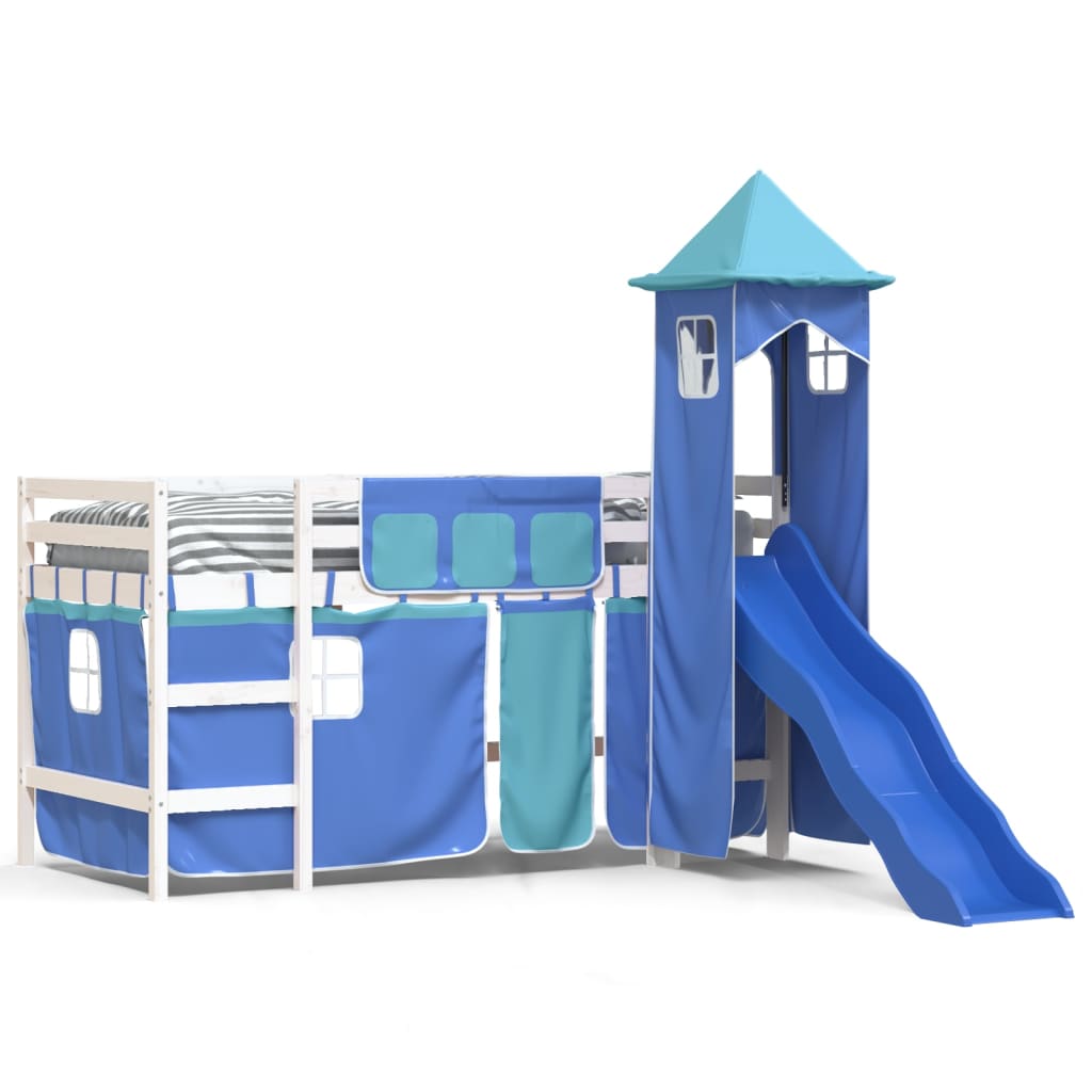 Letto a Soppalco con Torre Bambini Blu 80x200cm Massello Pino
