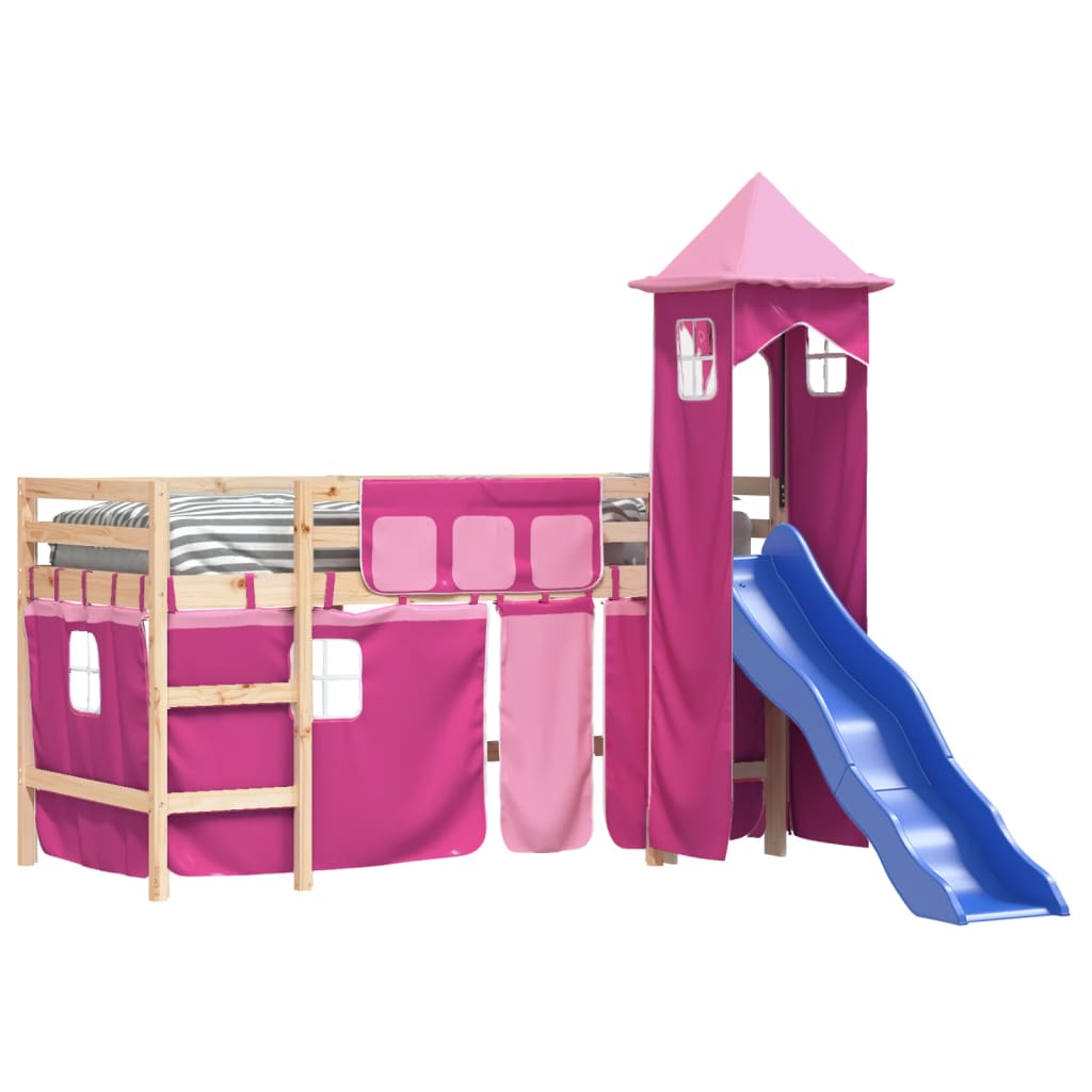 Letto a Soppalco con Torre Bambini Rosa 90x200cm Massello Pino 3207074