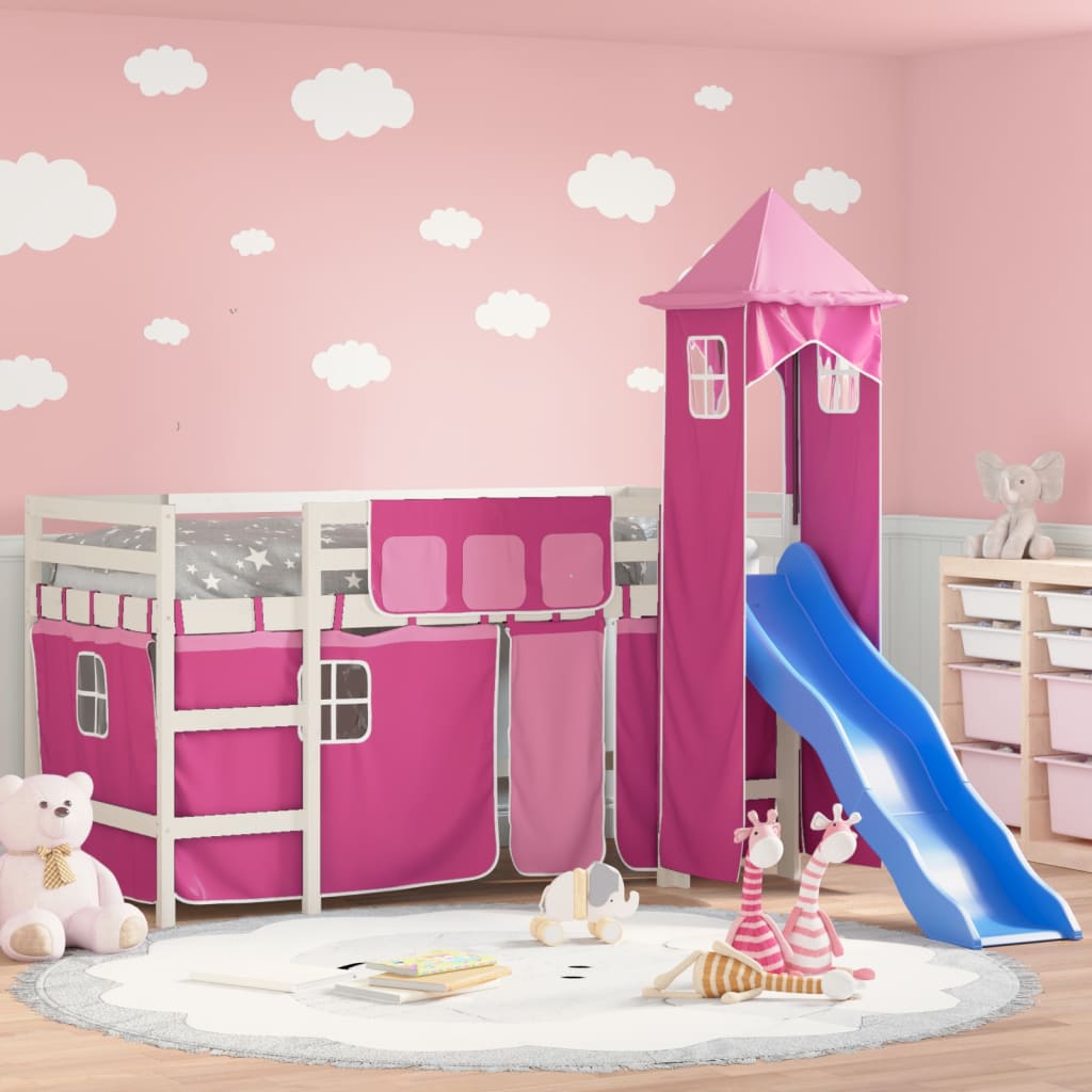 Letto a Soppalco con Torre Bambini Rosa 90x190cm Massello Pino