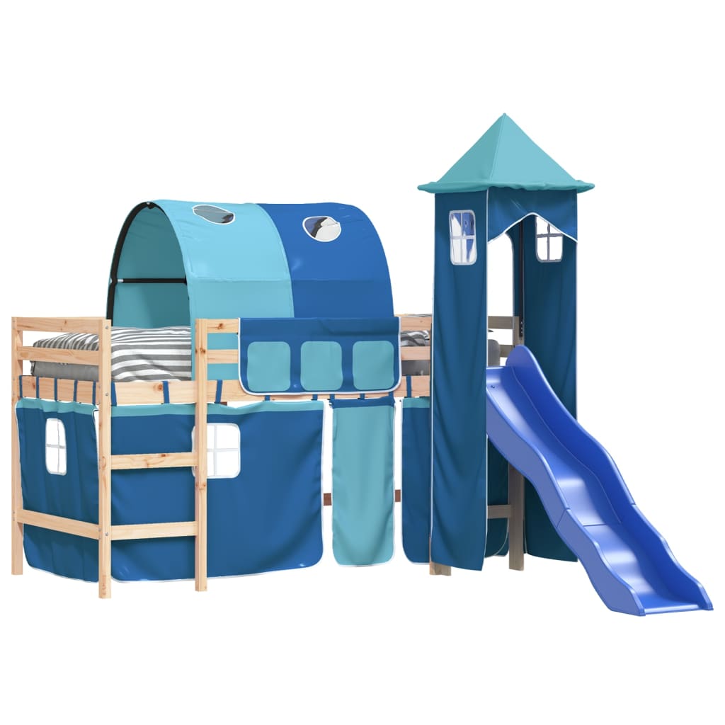 Letto a Soppalco con Torre Bambini Blu 90x200cm Massello Pinocod mxl 133256