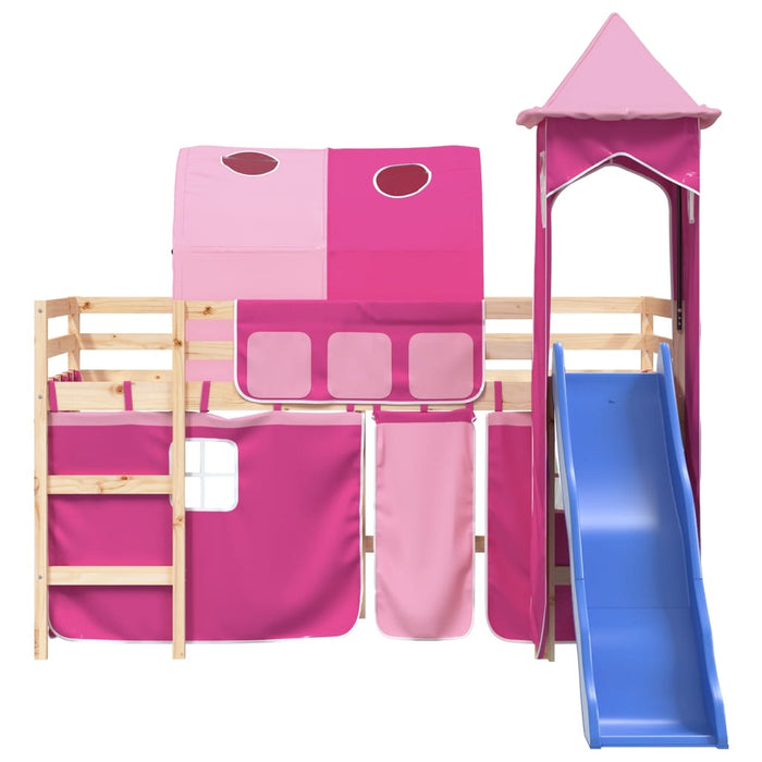 Letto a Soppalco con Torre Bambini Rosa 90x200cm Massello Pino 3207101