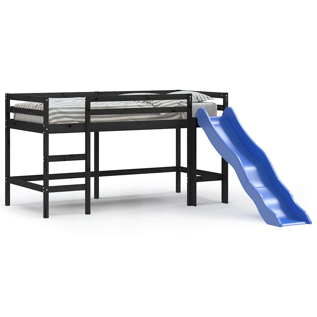 Letto Soppalco con Scivolo Bambini Nero 90x200cm Massello Pino 835909