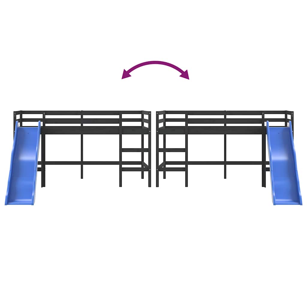 Letto Soppalco con Scivolo Bambini Nero 90x200cm Massello Pino 835909