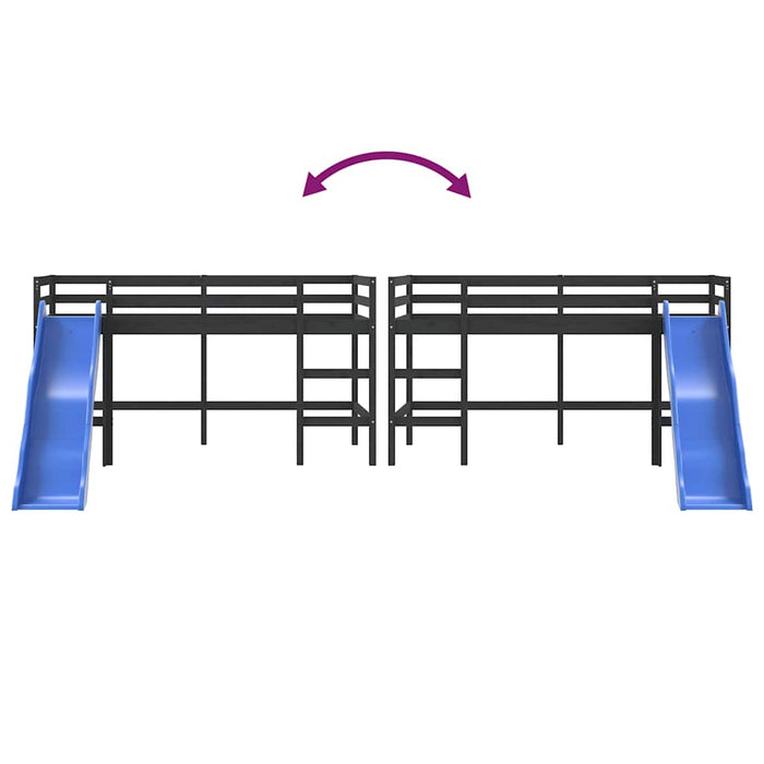 Letto Soppalco con Scivolo Bambini Nero 90x200cm Massello Pino 835909