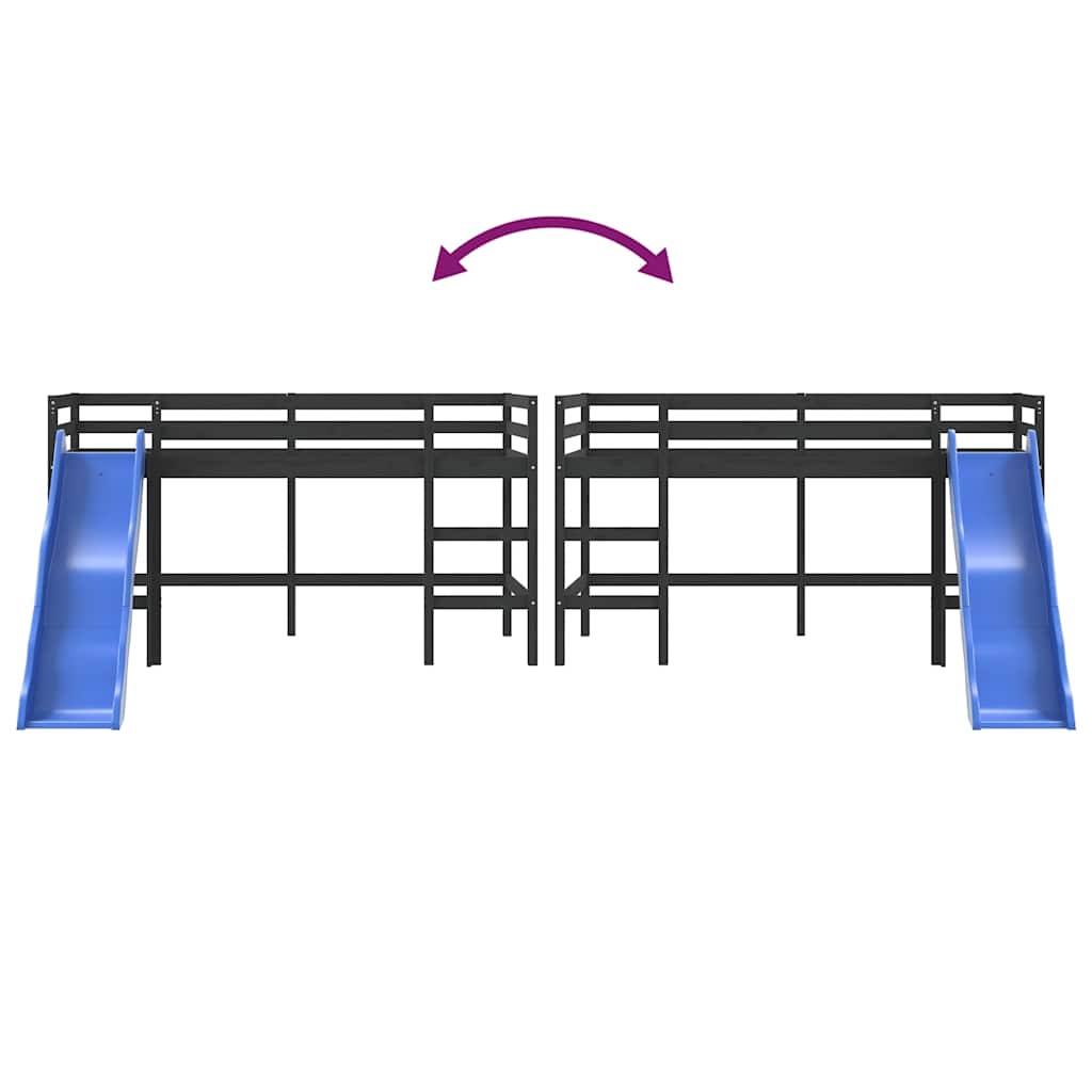 Letto Soppalco con Scivolo Bambini Nero 90x190cm Massello Pino