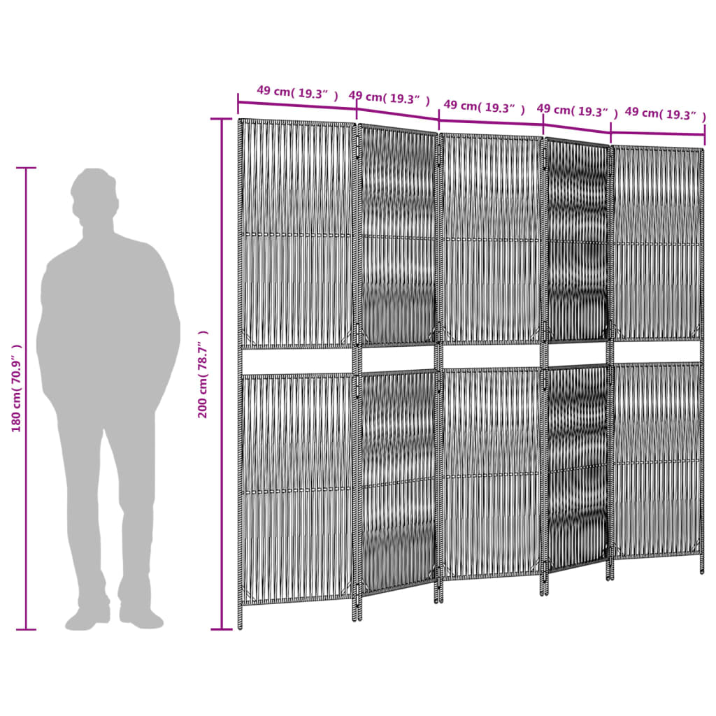 vidaXL Divisorio per Ambienti a 5 Pannelli Nero in Polyrattan