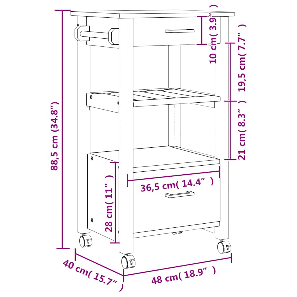 Carrello da Cucina-Scaffale per Cucina MONZA 48x40x88,5 cm in Legno Massello di Pino 701165