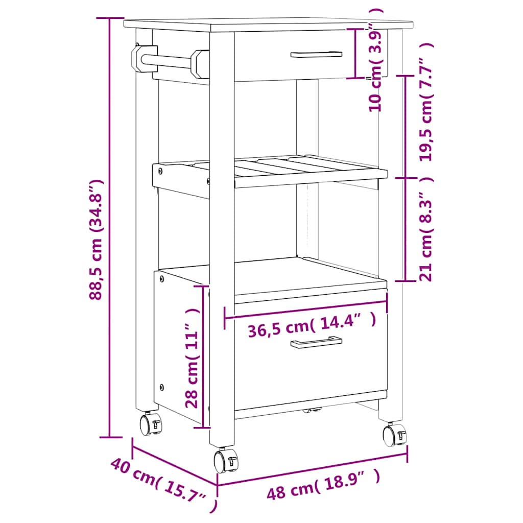 Carrello da Cucina-Scaffale per Cucina MONZA 48x40x88,5 cm in Legno Massello di Pino 590216