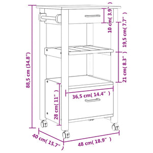 Carrello da Cucina-Scaffale per Cucina MONZA 48x40x88,5 cm in Legno Massello di Pino 590216