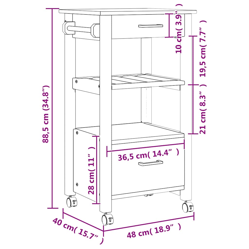 Carrello da Cucina-Scaffale per Cucina MONZA 48x40x88,5 cm in Legno Massello di Pino 370402