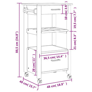 Carrello da Cucina-Scaffale per Cucina MONZA 48x40x88,5 cm in Legno Massello di Pino 370402