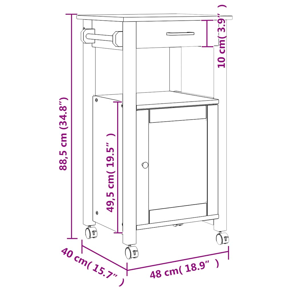 Carrello da Cucina MONZA 48x40x90 cm in Legno Massello di Pino 376090