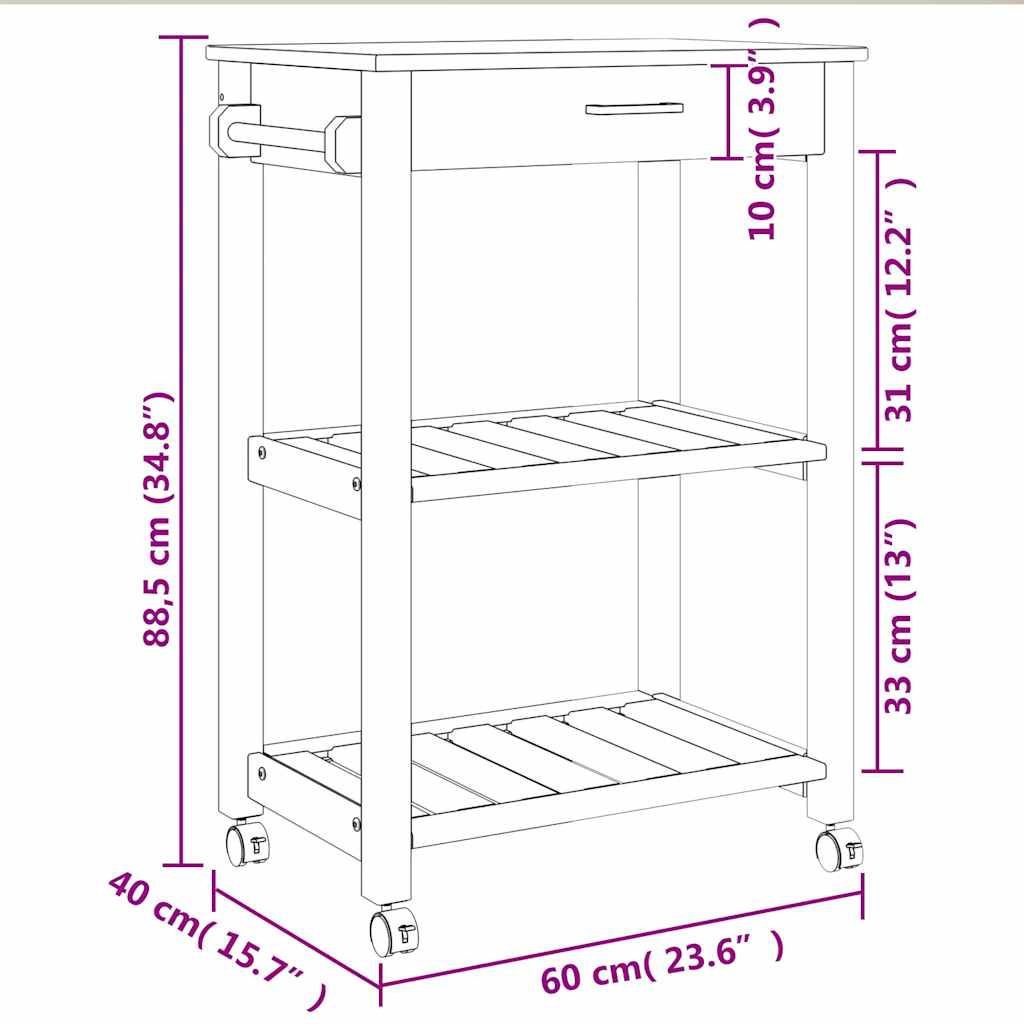 Carrello da Cucina MONZA 60x40x90 cm in Legno Massello di Pino 376091