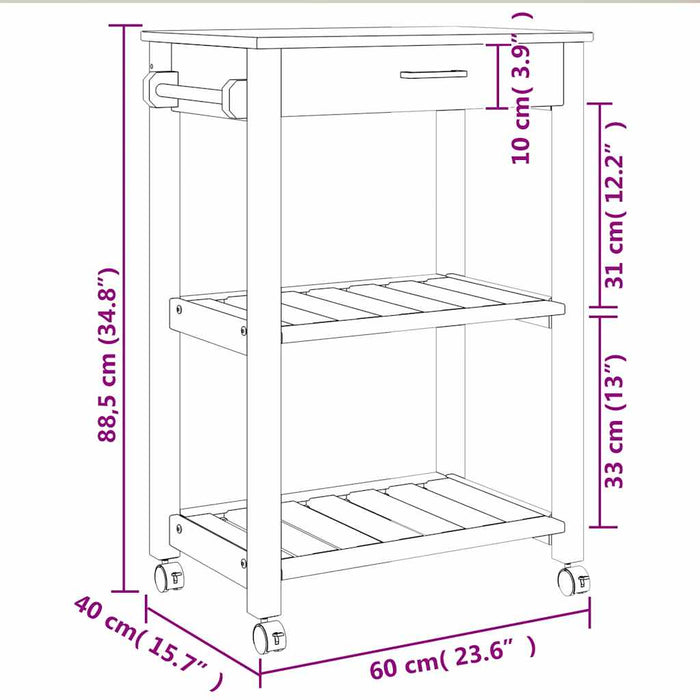 Carrello da Cucina MONZA 60x40x90 cm in Legno Massello di Pino 376091