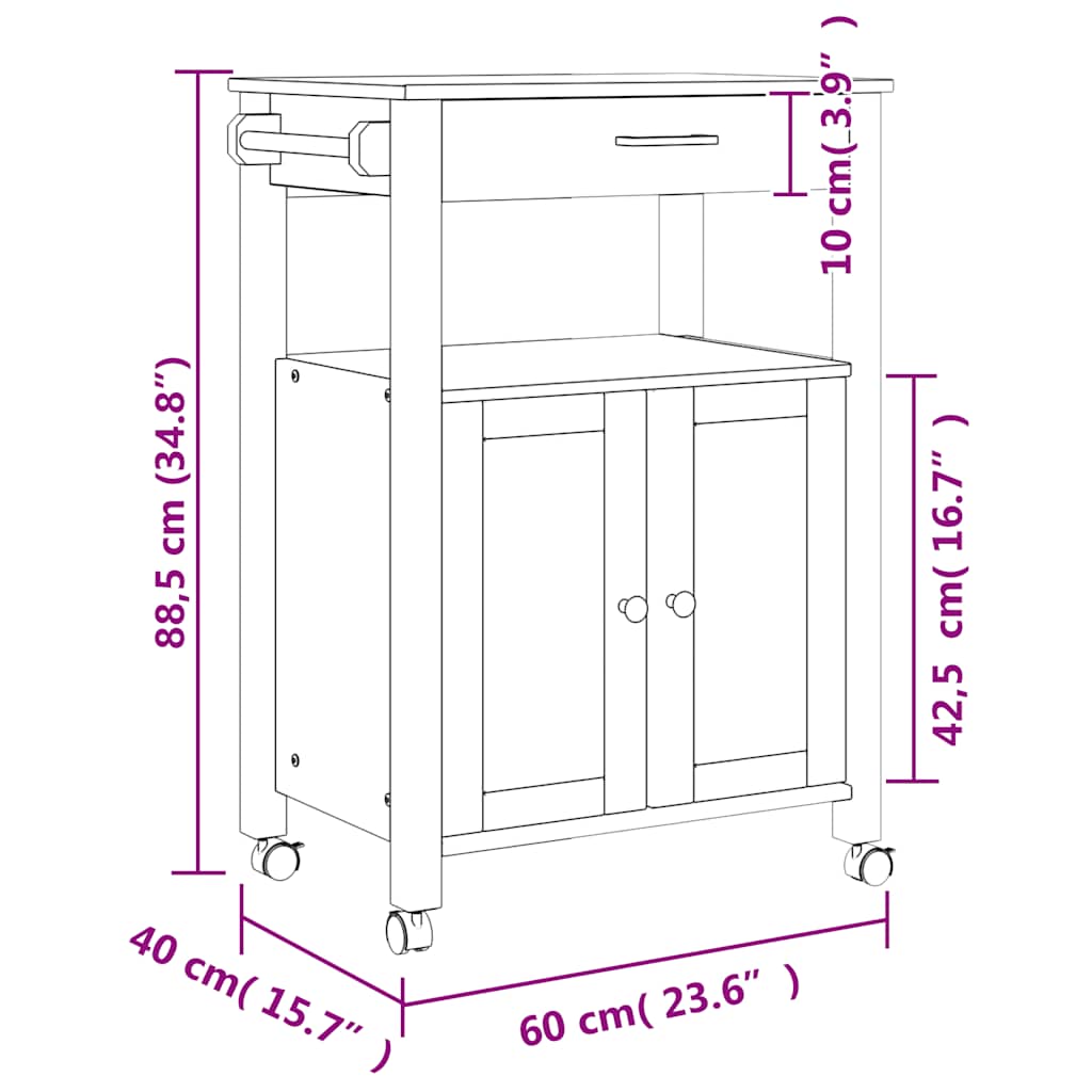Carrello da Cucina MONZA 60x40x90 cm in Legno Massello di Pino