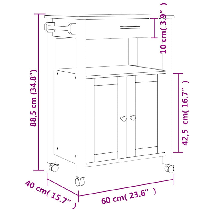 Carrello da Cucina MONZA 60x40x90 cm in Legno Massello di Pino