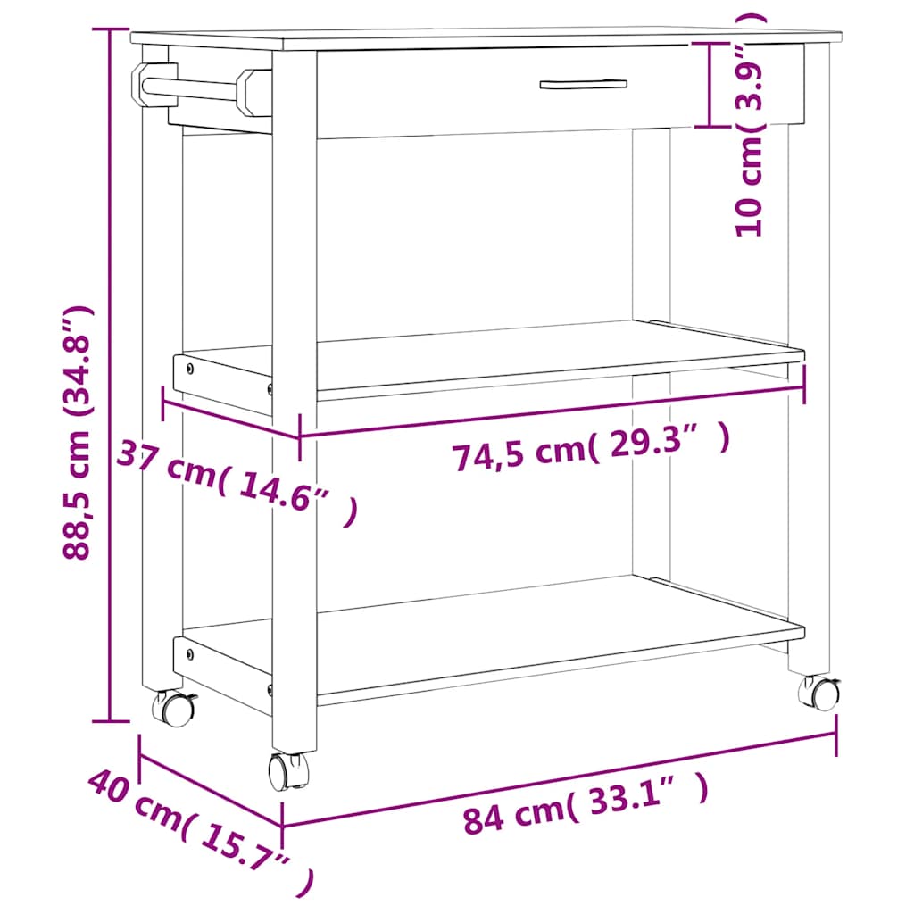 Carrello da Cucina-Scaffale per Cucina MONZA 84x40x88,5 cm in Legno Massello di Pino 458274