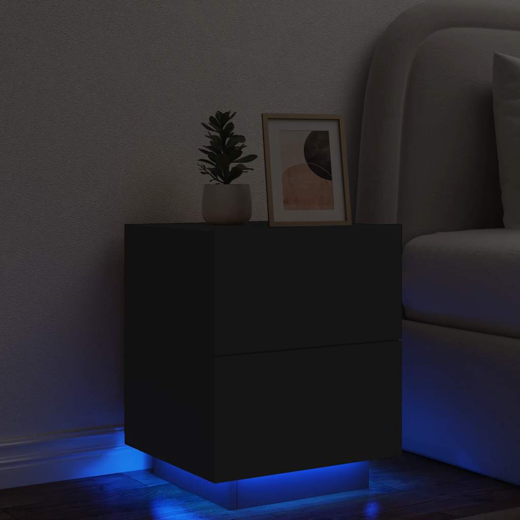 Comodino con Luci LED-Tavolino da notte Nero in Legno Multistrato 296155
