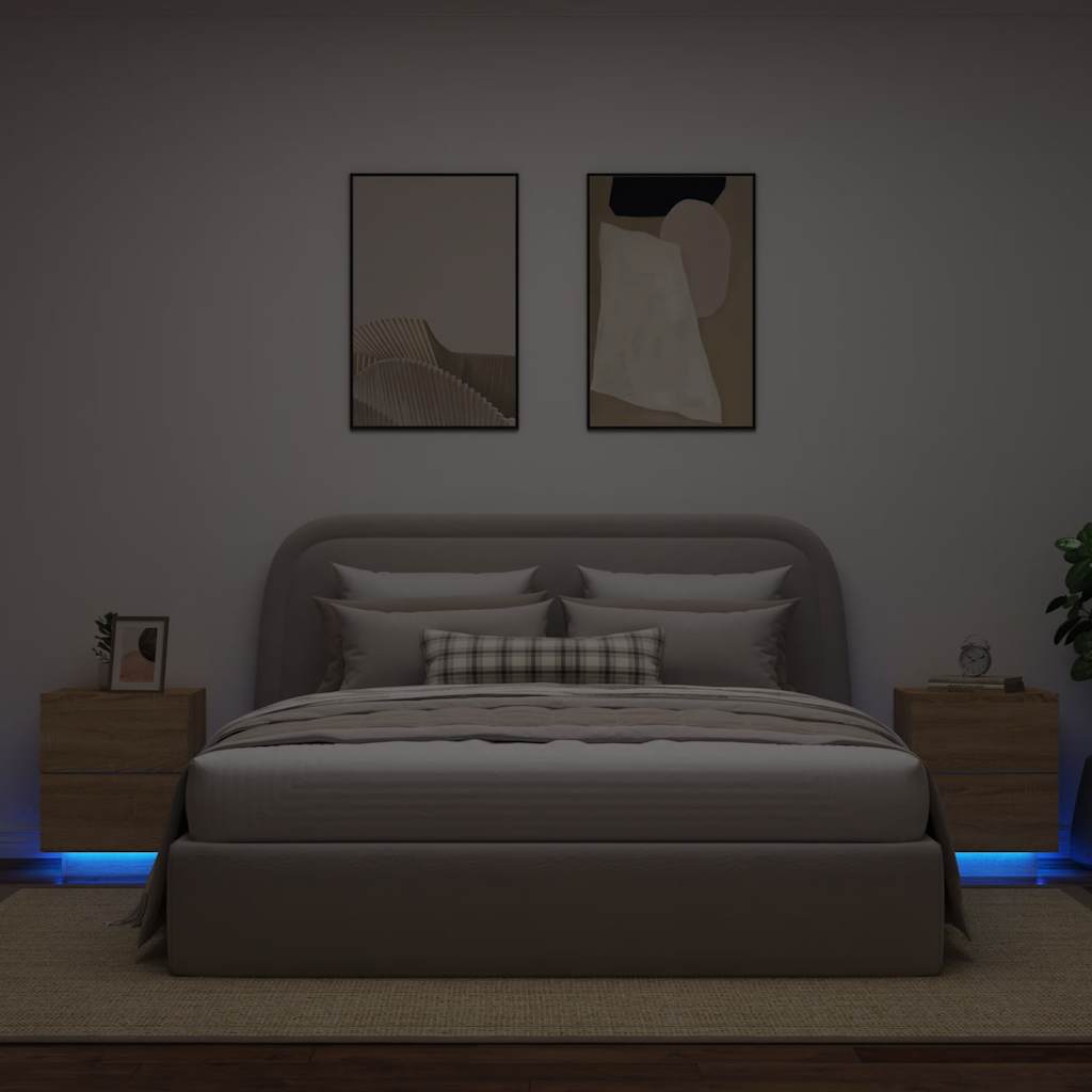 Comodini con Luci LED 2pz-Set di 2 Tavolino da notte Rovere Sonoma in Legno Multistrato 161552