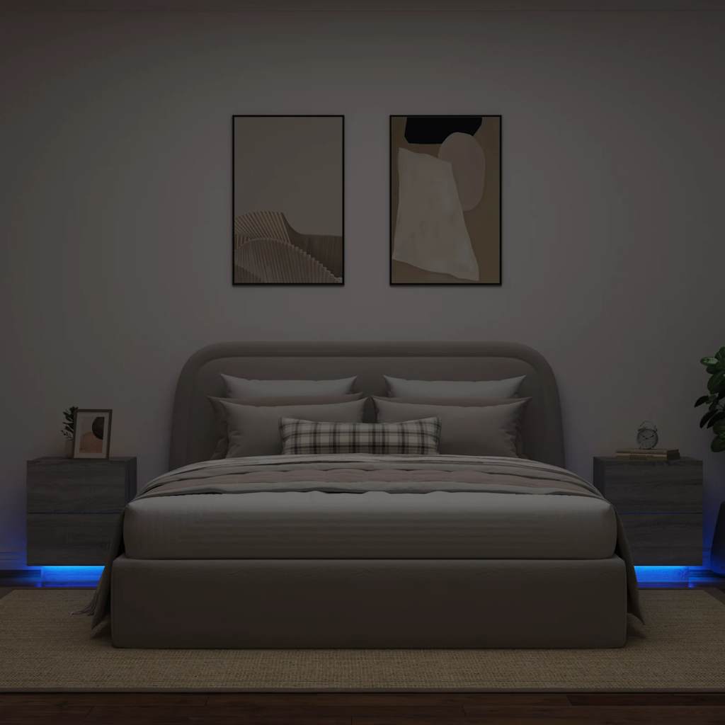 Comodini con Luci LED 2pz Grigio Sonoma in Legno Multistrato 836746