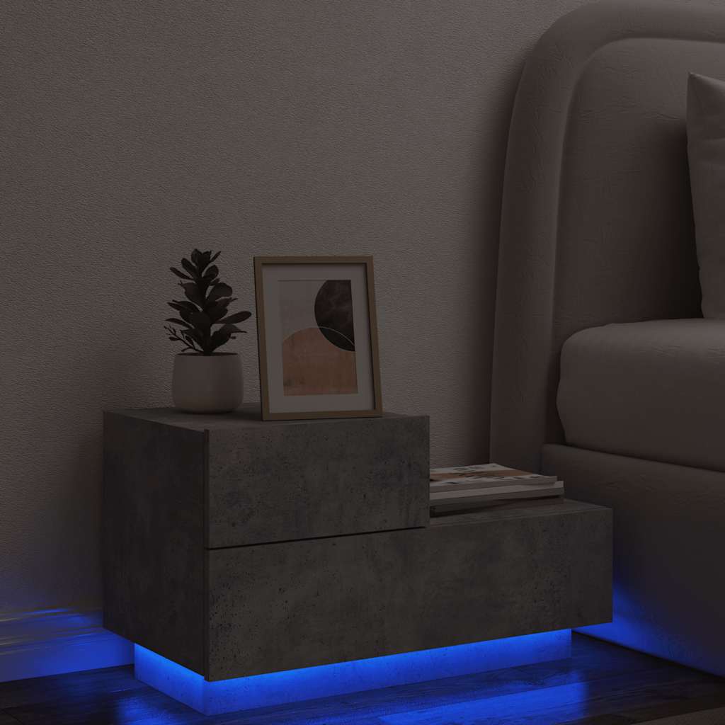 Comodino con Luci LED-Tavolino da notte Grigio Cemento 70x36x40,5 cm