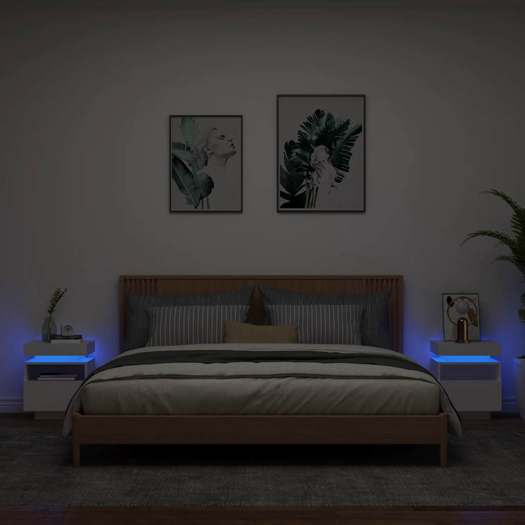 Comodini con Luci LED 2pz-Set di 2 Tavolino da notte Bianchi 40x39x48,5 cm