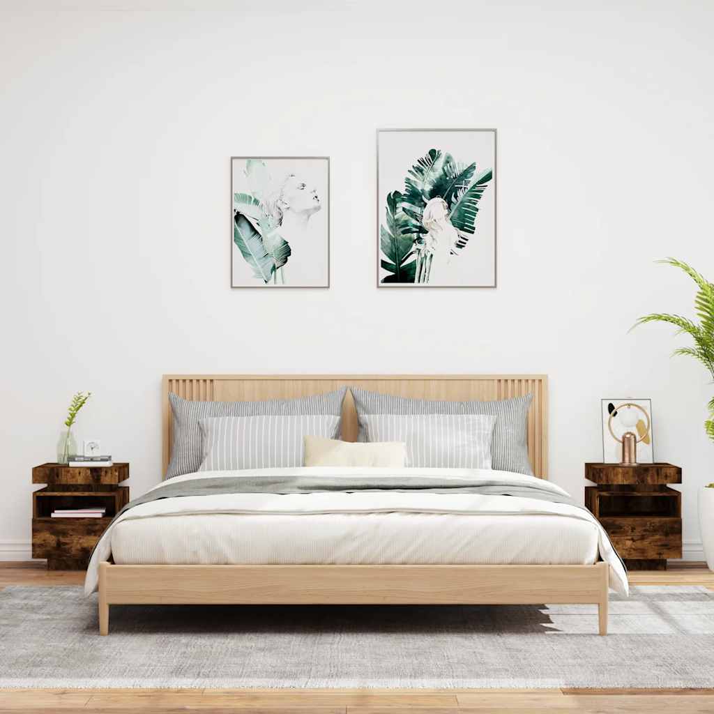 Comodini con Luci LED 2pz-Set di 2 Tavolino da notte Rovere Fumo 40x39x48,5 cm