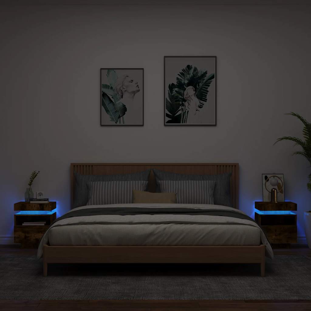 Comodini con Luci LED 2pz-Set di 2 Tavolino da notte Rovere Fumo 40x39x48,5 cm