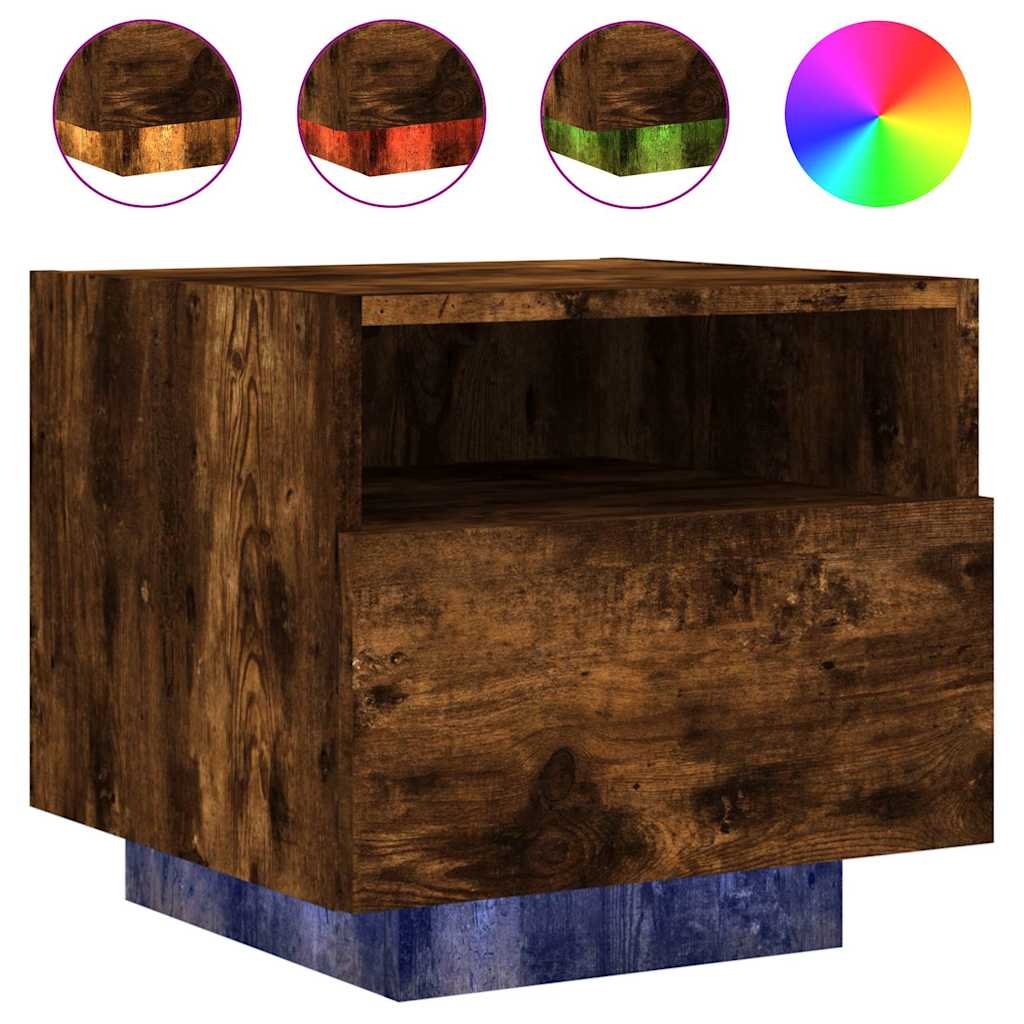 Comodino con Luci LED-Tavolino da notte Rovere Fumo 40x39x37 cm
