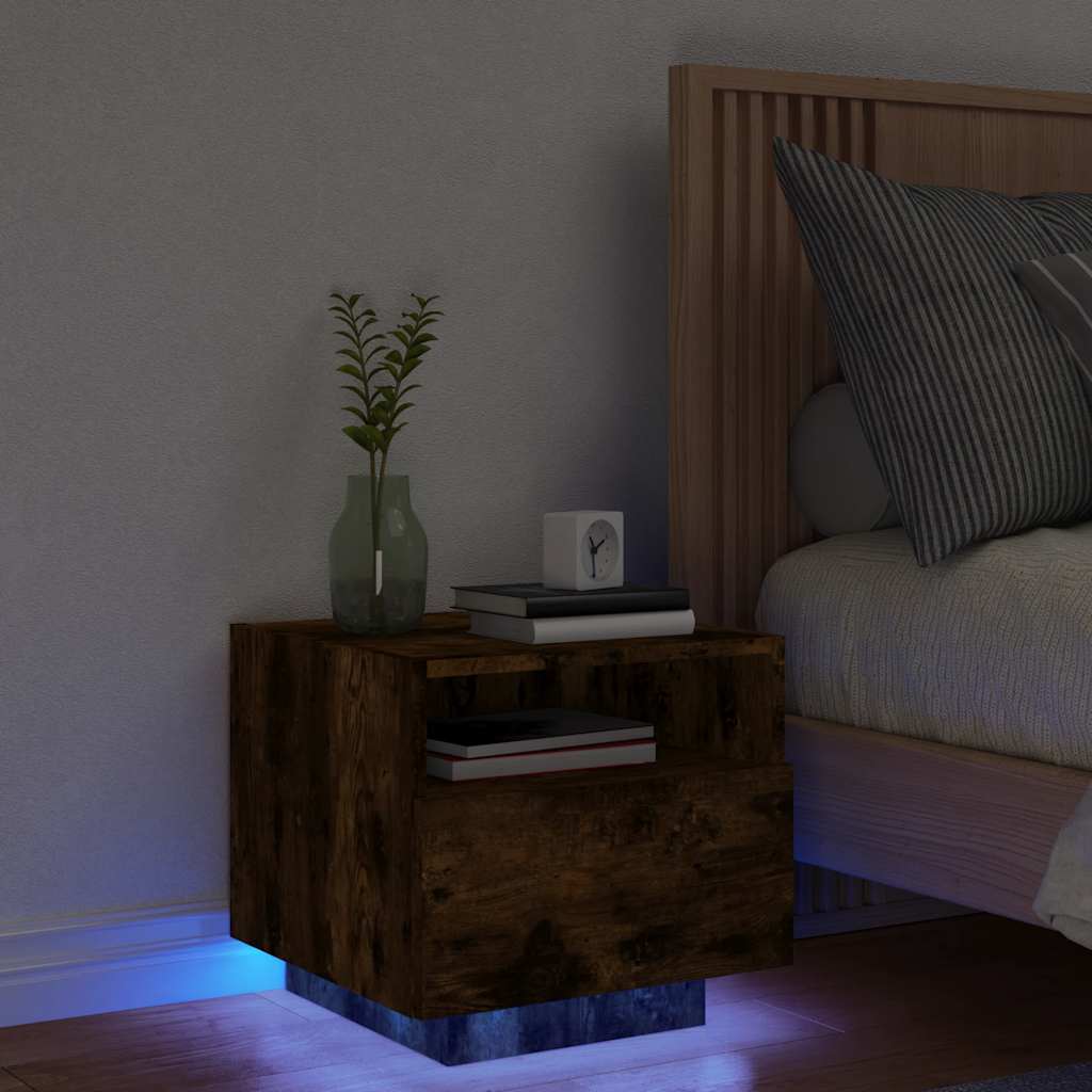 Comodino con Luci LED-Tavolino da notte Rovere Fumo 40x39x37 cm