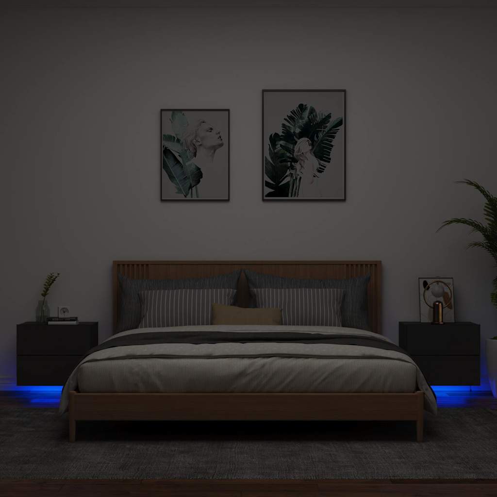 Comodini a Parete con Luci LED 2 pz-Set di 2 Tavolino da notte Neri 275356