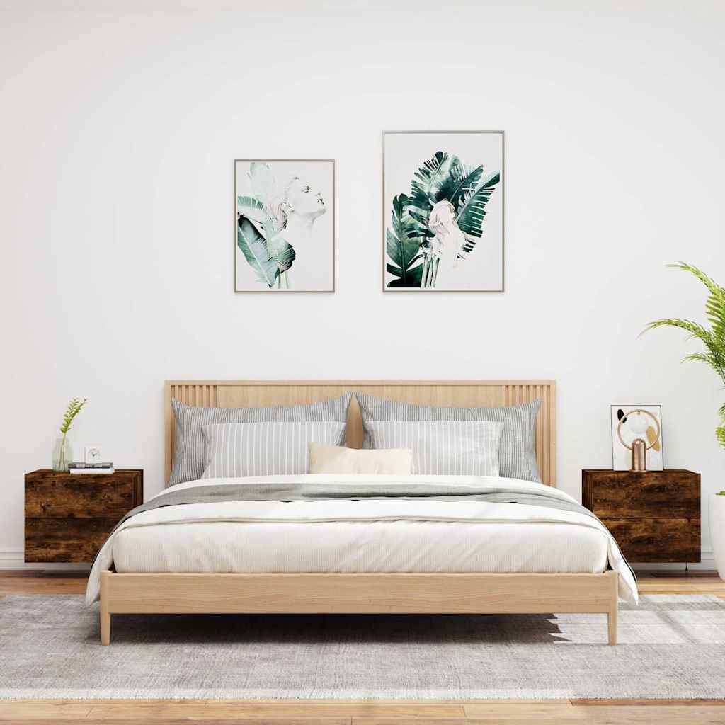 Comodini a Parete con luci LED 2 pz-Set di 2 Tavolino da notte Rovere Fumo 727912