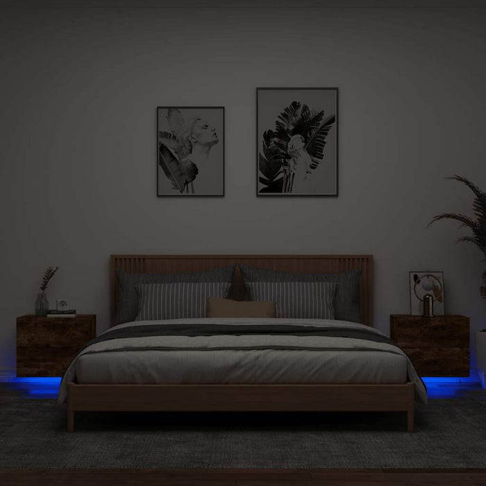 Comodini a Parete con luci LED 2 pz-Set di 2 Tavolino da notte Rovere Fumo 727912