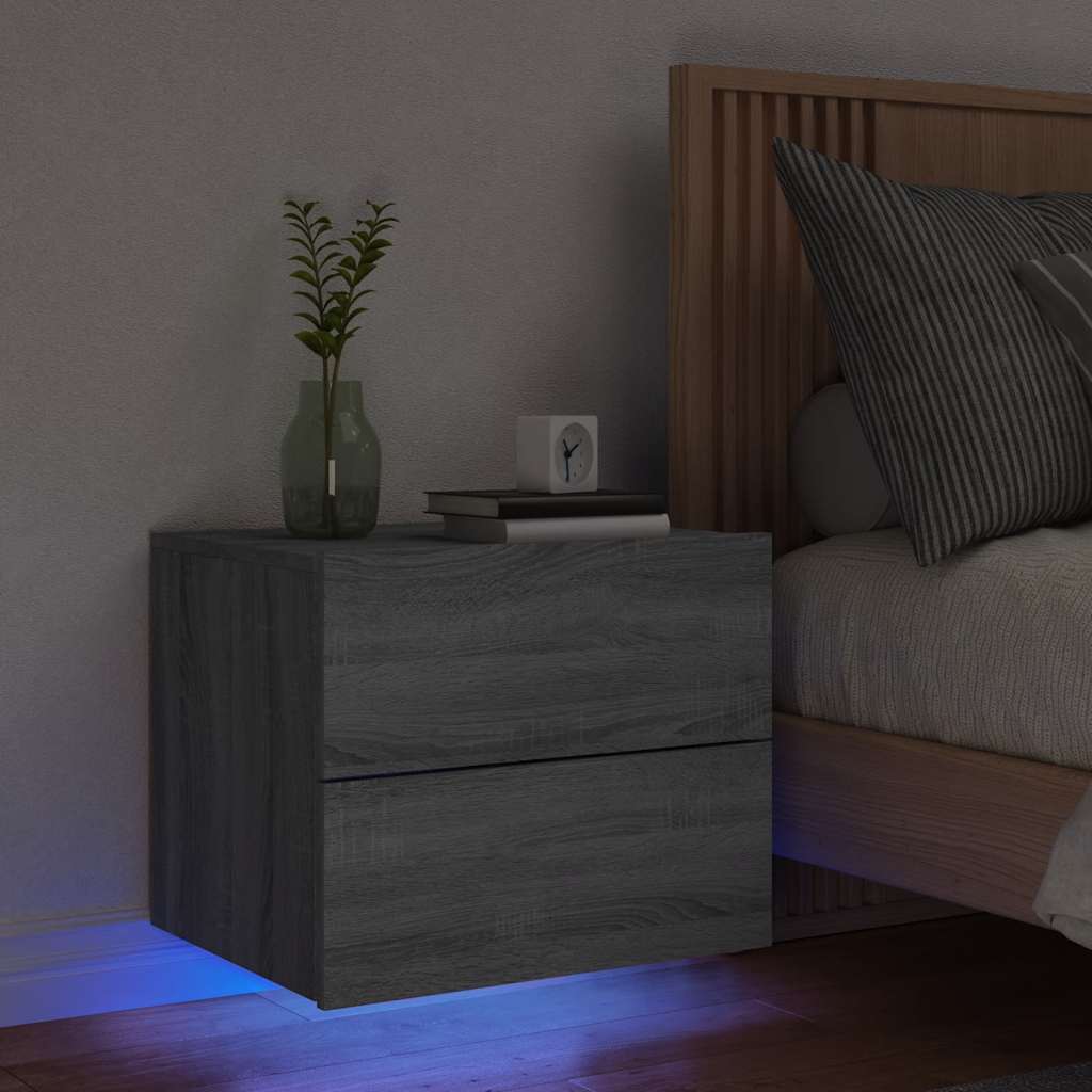 Comodino a Parete con Luci LED-Tavolino da notte sospeso Grigio Sonoma 316426