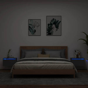 Comodini a Parete con Luci LED 2 pz-Set di 2 Tavolino da notte Neri 755473