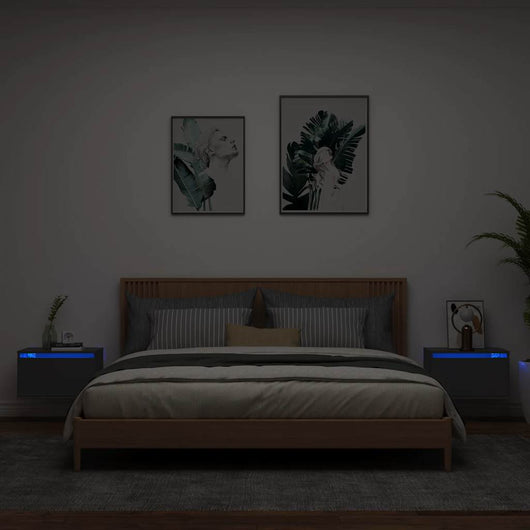 Comodini a Parete con Luci LED 2 pz-Set di 2 Tavolino da notte Neri 755473